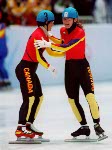 Canada's women's relay team (Left to Right) Isabelle Charest, Christine Boudrais, Tania Vincent and Annie Perreault celebrate  after winning the bronze  medal in the women's short track speed skating relay event at the 1998 Nagano Olympic Games.  (CP Photo/COA)