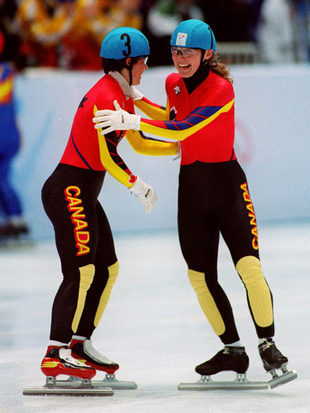 Canada's women's short track speed skating team; (left to right) Annie Perreault and Christine Boudrais are seen at the 1998 Nagano Olympic Games. (CP Photo/ COA)