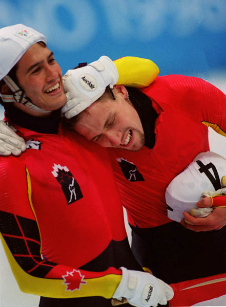 Canada's short track speed skating team; (Left to Right) Derrick Campbell and Marc Gagnon are seen at the 1998 Nagano Olympic Games.. (CP Photo/ COA)