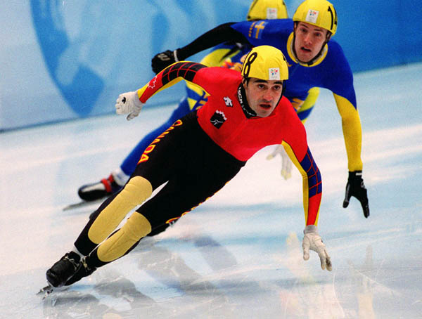 Canada's Francois Drolet competes in the Speed skating-short track event at the 1998 Nagano Olympic Games. (CP Photo/ COA)