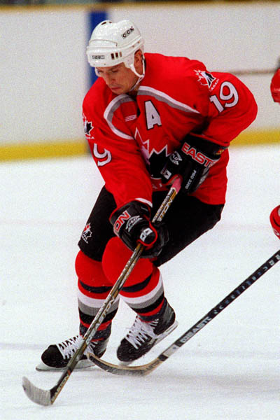 Steve Yzerman of Team Canada skates after the puck during the 1998
