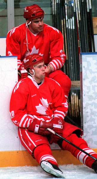 Canada's Peter Nedved and Adrian Aucoin during the gold medal game which Sweden won 3-2 in a shoot out at the 1994 Lillehammer Winter Olympics. (CP PHOTO/ COA)