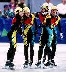 Canada's women's short track relay team (from left) Isabelle Charest, Sylvie Daigle, Christine Boudrias and Nathalie Lambert celebrate their silver medal win at the 1994 Lillehammer Winter Olympics. (CP PHOTO/ COA)