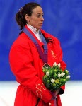 Canada's Nathalie Lambert stands on the winners podium after winning the silver medal for women's speed skating at the 1994 Lillehammer Winter Olympics. (CP PHOTO/ COA)
