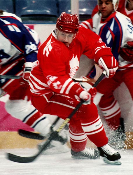 Canada's Greg Parks in action against the United States at the 1994 Lillehammer Winter Olympics. (CP PHOTO/ COA)