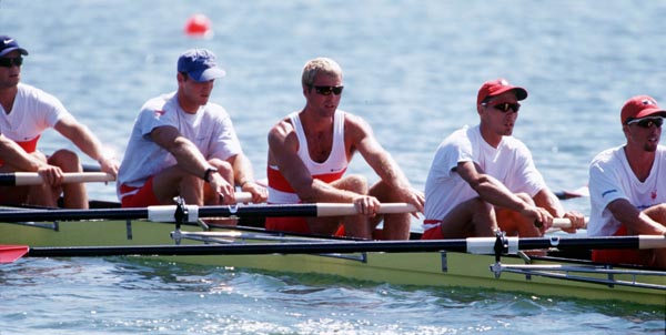 Canada's (from left) Darren Barber, Andy Crosby, Scott Brodie and Adam Parfitt competing in the men's 8+ rowing event at the 1996 Atlanta Summer Olympic Games. (CP PHOTO/COA/Claus Andersen)
