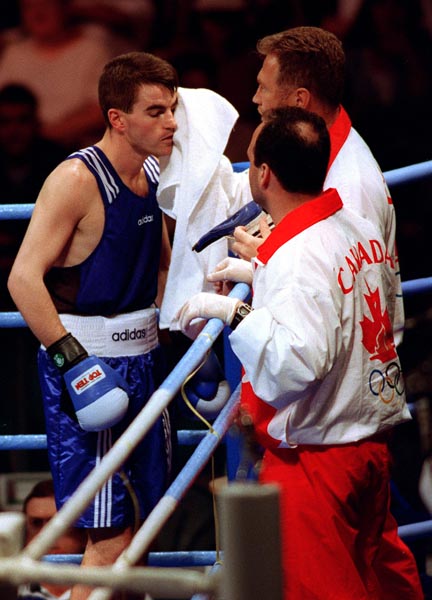 Canada's Mike Strange competing in the boxing event at the 1996 Atlanta Summer Olympic Games. (CP PHOTO/COA/Scott Grant)