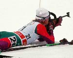 Canada's Jane Isakson competing in the biathlon event at the 1992 Albertville Olympic winter Games. (CP PHOTO/COA/Ted Grant)