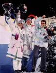 Canada's Nicolas Fontaine celebrates the silver medal he won in the aerial ski event at the 1992 Albertville Olympic winter Games. (CP PHOTO/COA/F. Scott Grant)