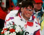 Canada's Nicolas Fontaine celebrates the silver medal he won in the aerial ski event at the 1992 Albertville Olympic winter Games. (CP PHOTO/COA/F. Scott Grant)