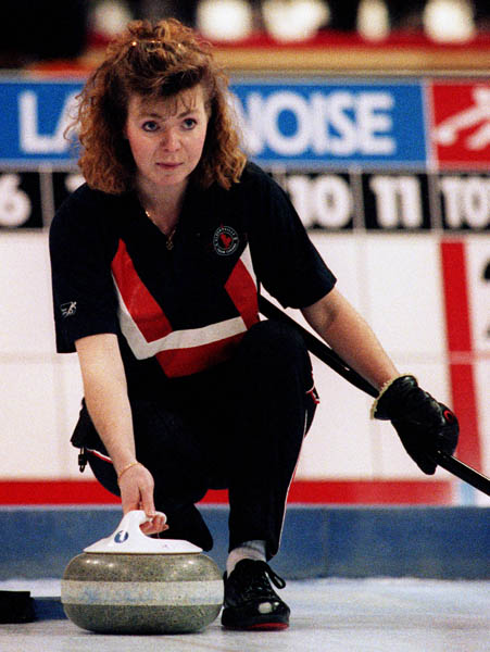 Canada's Jodie Sutton competing in the curling event at the 1992 Albertville Olympic winter Games. (CP PHOTO/COA/Ted Grant)