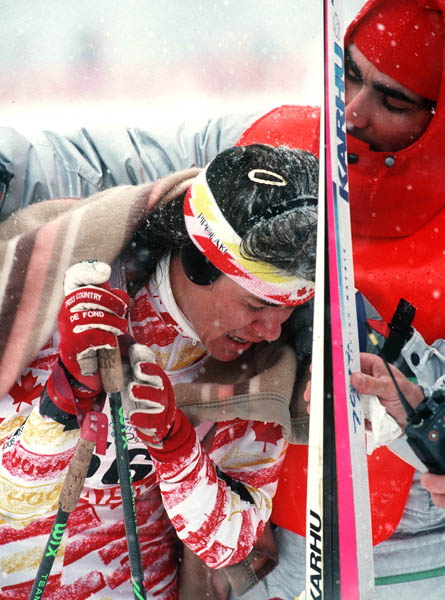 Canada's Angela Schmidt-Foster shows her emotion after a disappointing result in the cross country ski event at the 1992 Albertville winter Olympics. (CP Photo/ Ted Grant)