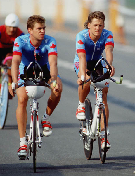 Canada's Chris Koberstein (left) and Todd McNutt at the 1992 Olympic games in Barcelona, competing in the team time trial event. (CP PHOTO/ COA/ Claus Andersen)