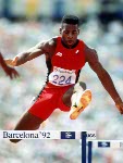 Canada's Mark Jackson competing in the 4x100m relay event at the 1992 Olympic games in Barcelona. (CP PHOTO/ COA/ Claus Andersen)