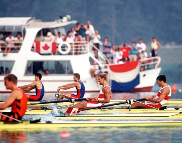 Canada's Harold Backer (centre) and Henry Hering competing in the men's 2x rowing event at the 1992 Olympic games in Barcelona. (CP PHOTO/ COA/F.S. Grant)