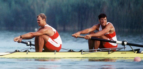 Canada's Harold Backer and Henry Hering (right) competing in the men's 2x rowing event at the 1992 Olympic games in Barcelona. (CP PHOTO/ COA/F.S. Grant)