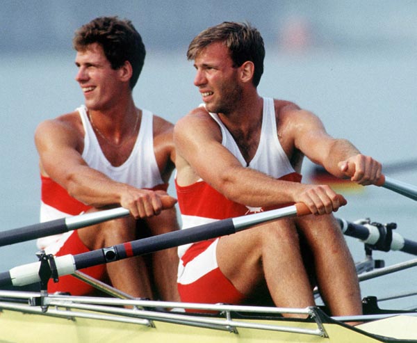 Canada's Don Dickson (back) and Todd Hallett competing in the men's 2x rowing event at the 1992 Olympic games in Barcelona. (CP PHOTO/ COA/F.S. Grant)