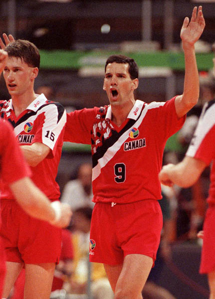 Canada's Russ Paddock (left) and Marc Albert competing in the volleyball event at the 1992 Olympic games in Barcelona. (CP PHOTO/ COA/ Claus Andersen)
