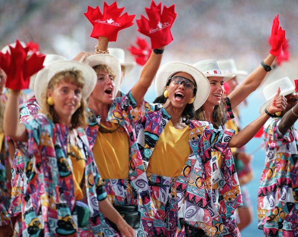 Canada's athletes celebrate during the opening ceremony at the 1992 Olympic games in Barcelona. (CP PHOTO/ COA/ Claus Andersen)