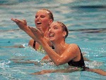 Canada's Carolyn Waldo (left) and Michelle Cameron celebrates her gold medal win in the synchronized swimming duet event at the 1988 Olympic games in Seoul. (CP PHOTO/ COA/ Ted Grant)