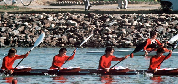 Canada's (right to left) Nancy Olmsted, Sheila Taylor, Caroline Brunet and Barbara Olmsted competing in the k-4  kayaking event at the 1988 Olympic games in Seoul. (CP PHOTO/ COA/ Ted Grant)
