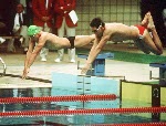 Canada's Jon Kelly (left) competing in the swimming event at the 1988 Olympic games in Seoul. (CP PHOTO/ COA/ Cromby McNeil)