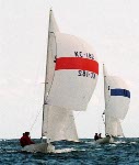 Canada's Paul Thomson, Stuart Flinn and Philip Gow (KC-182) competing in the yachting event at the 1988 Olympic games in Seoul. (CP PHOTO/ COA/ Cromby McNeil)