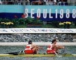 Canada's Kirsten Barnes (left) and Sarah Ogilvie competing in the rowing event at the 1988 Olympic games in Seoul. (CP PHOTO/ COA/ Cromby McNeil)