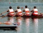 Canada's Mel Laforme, Paul Douma, Robert Mills and Doug Hamilton competing in the rowing event at the 1988 Olympic games in Seoul. (CP PHOTO/ COA/ Cromby McNeil)