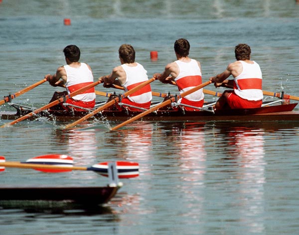 (From left to right) Canada's Mel Laforme, Paul Douma, Robert Mills and Doug Hamilton competing in the rowing event at the 1988 Olympic games in Seoul. (CP PHOTO/ COA/ Cromby McNeil)