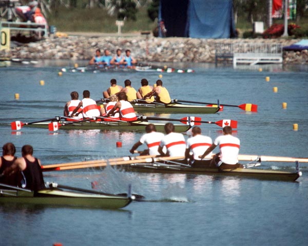 (From left to right) Canada's John Ossowski, Bruce Robertson, Darby Berkhout and Ray Collier  competing in the rowing event at the 1988 Olympic games in Seoul. (CP PHOTO/ COA/ Cromby McNeil)
