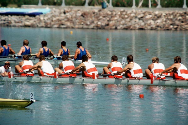 (From left to right) Canada's Brian McMahon, John Wallace, Jamie Schaffer, Grant Main, Paul Steele, Andy Crosby, Jason Dorland, Kevin Neufeld and Don Telfer competing in the rowing event at the 1988 Olympic games in Seoul. (CP PHOTO/ COA/ Cromby McNeil)