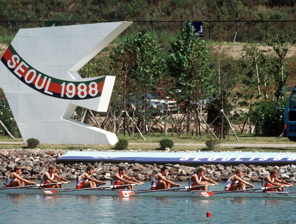 (From left to right) Canada's Don Telfer, Kevin Neufeld, Jason Dorland,  Andy Crosby, Paul Steele, Grant Main, Jamie Schaffer, John Wallace and  Brian McMahon competing in the rowing event at the 1988 Olympic games in Seoul. (CP PHOTO/ COA/ Cromby McNeil)