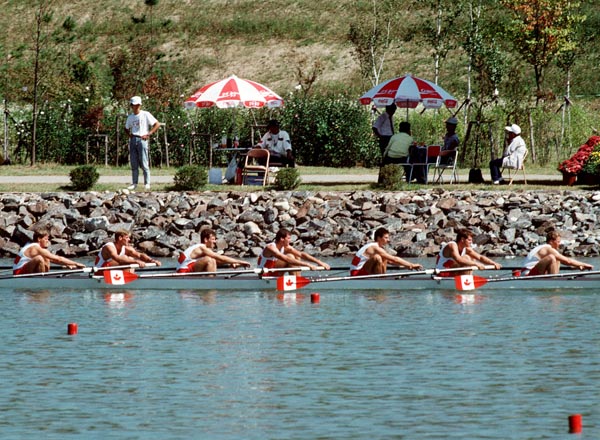 (From left to right) Canada's Don Telfer, Kevin Neufeld, Jason Dorland,  Andy Crosby, Paul Steele, Grant Main, Jamie Schaffer and John Wallace competing in the rowing event at the 1988 Olympic games in Seoul. (CP PHOTO/ COA/ Cromby McNeil)