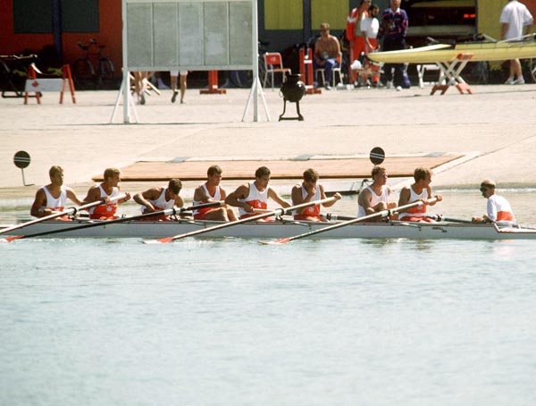 (From left to right) Canada's Don Telfer, Kevin Neufeld, Jason Dorland,  Andy Crosby, Paul Steele, Grant Main, Jamie Schaffer, John Wallace and  Brian McMahon competing in the rowing event at the 1988 Olympic games in Seoul. (CP PHOTO/ COA/ Cromby McNeil)