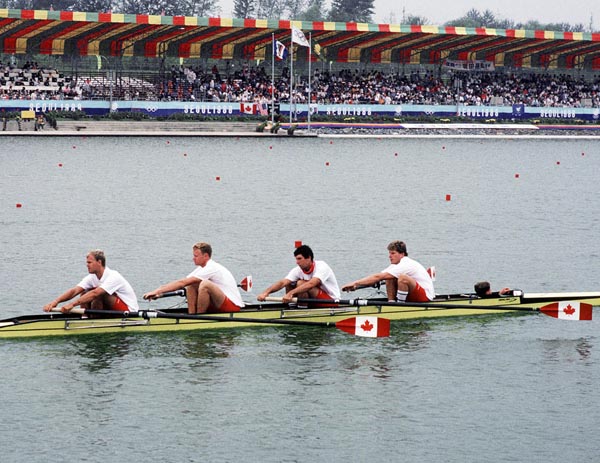 (From left to right) Canada's Harold Backer, Robert Marland, John Houlding Brian Saunderson and Terry Paul competing in the rowing event at the 1988 Olympic games in Seoul. (CP PHOTO/ COA/ Cromby McNeil)