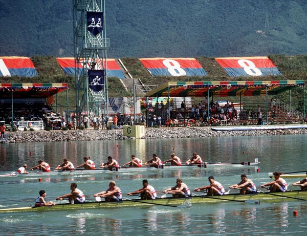 (From left to right) Canada's Brian McMahon, John Wallace, Jamie Schaffer, Grant Main, Paul Steele, Andy Crosby, Jason Dorland, Kevin Neufeld and Don Telfer competing in the rowing event at the 1988 Olympic games in Seoul. (CP PHOTO/ COA/ Cromby McNeil)