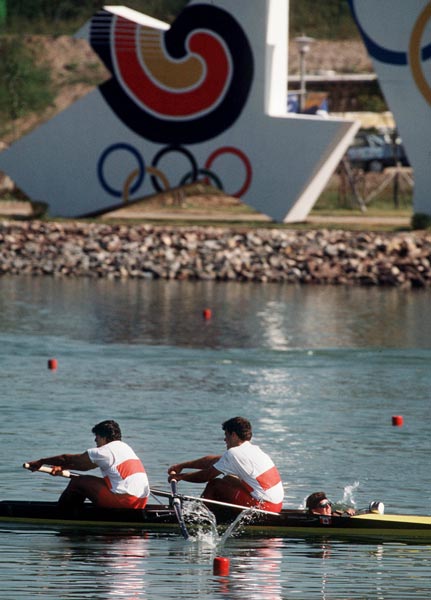 (From left) Canada's Dave Ross, Ian McKerlich and Pat Newman competing in the rowing event at the 1988 Olympic games in Seoul. (CP PHOTO/ COA/ Cromby McNeil)
