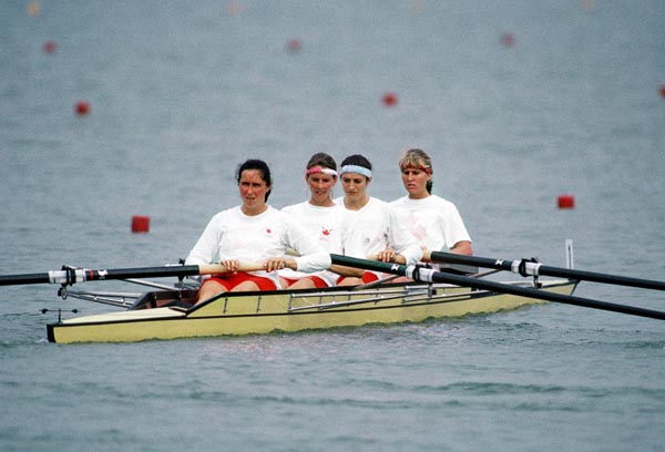 (From left to right) Canada's Tricia Smith, Jane Tregunno, Heather Clarke, Jennifer Wallings competing in the rowing event at the 1988 Olympic games in Seoul. (CP PHOTO/ COA/ Cromby McNeil)