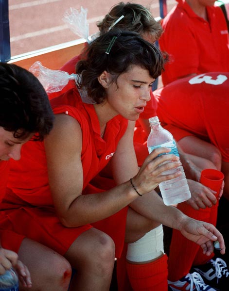 Canada's Sara Ballantyne takes a break during field hockey action at the 1988 Seoul Olympic Games. (CP Photo/ COA/ T. Grant)