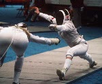 Canada's Thalie Tremblay (left) competes in the fencing event at the 1988 Olympic games in Seoul. (CP PHOTO/ COA/ F.S.G.)
