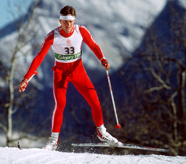 Canada's John Servold participates in the cross-country portion of the nordic combined ski event at the 1988 Winter Olympics in Calgary. (CP PHOTO/COA/ J. Gibson)