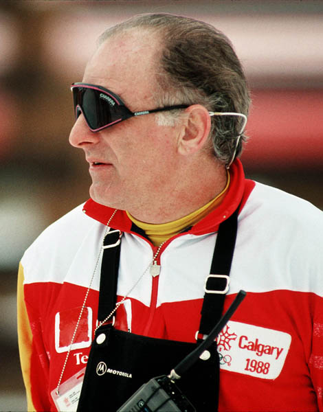 Canada's Marty Hall, head coach for the cross country ski team, observes his athletes at the 1988 Calgary Olympic winter Games. (CP PHOTO/COA/ J. Gibson)