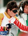 Canada's Angela Schmidt (left) competes in the cross country ski event at the 1980 Winter Olympics in Lake Placid. (CP Photo/COA)