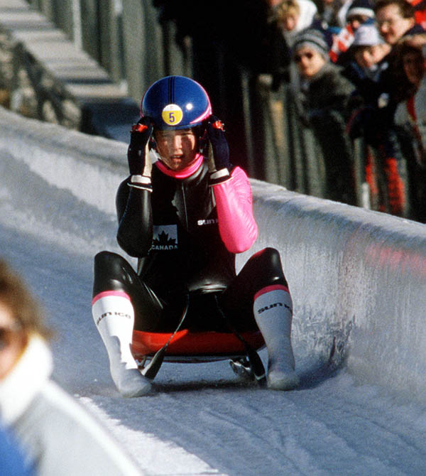 Canada's Kathy Salmon participates in the luge event at the 1988 Winter Olympics in Calgary. (CP PHOTO/COA/ T. O'lett)