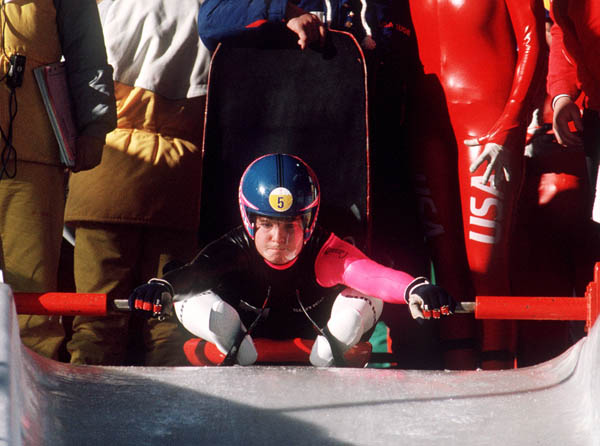 Canada's Kathy Salmon participates in the luge event at the 1988 Winter Olympics in Calgary. (CP PHOTO/COA/ T. O'lett)