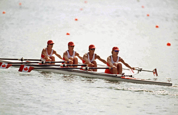 Canada's women's 4x rowing team from right to left, Kathleen Heddle, Diane O'Grady, Marnie McBean and Laryssa Biesenthal, competes at the 1996 Olympic games in Atlanta. (CP PHOTO/ COA/ Claus Andersen)
