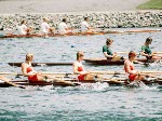 Canada's Barb Boettcher, Guylaine Bernier and Elaine Bourbeau compete in the women's 4+ rowing event at the 1976 Montreal Olympic Games. (CP Photo/COA)
