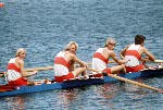 Canada's Gail Cort, Susan Antoft and Christine Neuland compete in the women's 8+ rowing event at the 1976 Montreal Olympic Games. (CP Photo/COA)