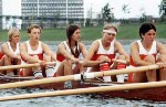 Canada's Gail Cort, Susan Antoft, Wendy Pullan, Ina DeLure and Nancy Higgins compete in the women's 8+ rowing event at the 1976 Montreal Olympic Games. (CP Photo/COA)